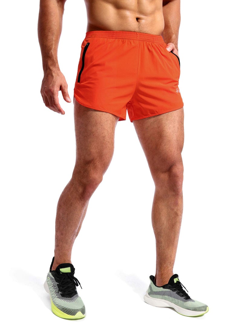 Pudolla Menâ€™s Running Shorts 3 Inch Quick Dry Gym Athletic Workout Shorts for Men with Zipper Pockets(Orange Red Medium) - Image 2